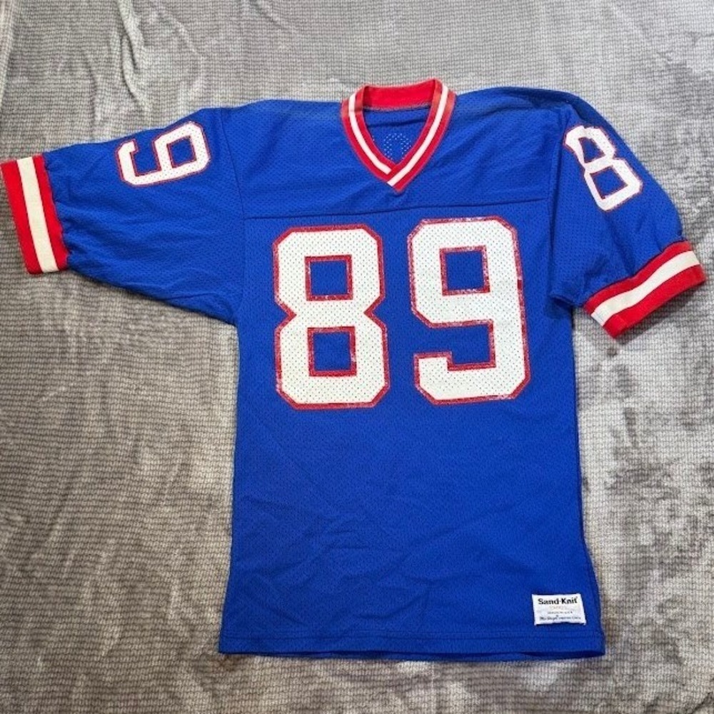 Vintage Sand-Knit Football Jersey Blue 89 Cox Mesh USA Mens Small V-Neck‎